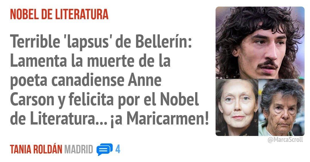 NOBEL DE LITERATURA. Terrible 'lapsus' de Bellerín: Lamenta la muerte de la poeta canadiense Anne Carson y felicita por el Nobel de Literatura... ia Maricarmen!