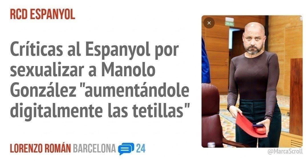 RCD ESPANYOL. Críticas al Espanyol por sexualizar a Manolo González "aumentándole digitalmente las tetillas"