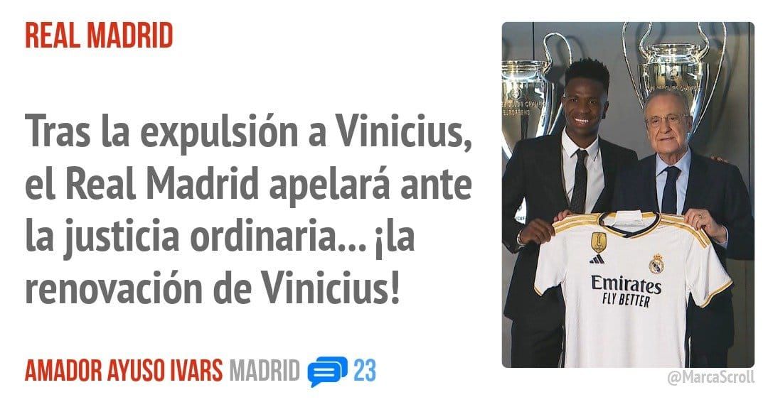 REAL MADRID. Tras la expulsión a Vinicius, el Real Madrid apelará ante la justicia ordinaria... ila renovación de Vinicius!