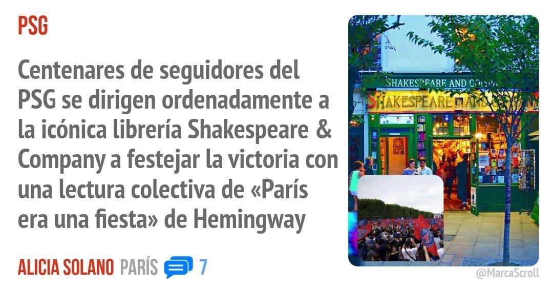 PSG. Centenares de seguidores del PSG se dirigen ordenadamente a la icónica librería Shakespeare & Company a festejar la victoria con una lectura colectiva de «París era una fiesta» de Hemin