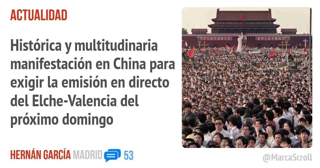 ACTUALIDAD. Histórica y multitudinaria manifestación en China para exigir la emisión en directo del Elche-VaLencia del próximo domingo