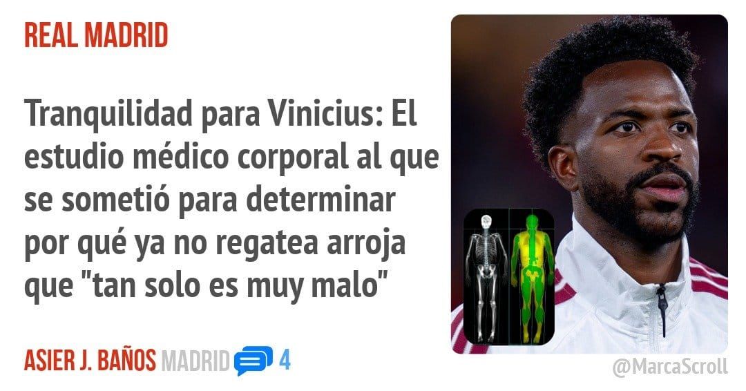 REAL MADRID. Tranquilidad para Vinicius: El estudio médico corporal al que se sometió para determinar por qué ya no regatea arroja que "tan solo es muy malo"