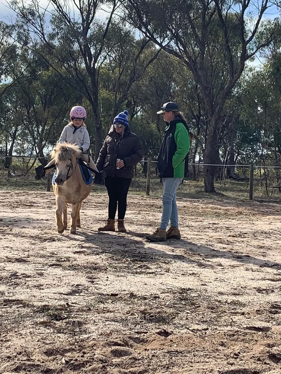 Kallani Fisher on Mumsie, with Tayla Wyllie and instructor Corrie Potter.