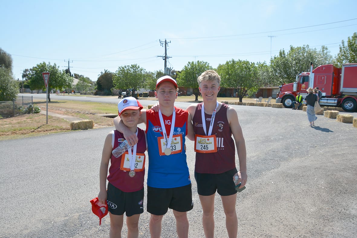 After competing in the boys’ mountain dash, left to right, Harry Humphreys, Angus Cowell and Max Fawcett all agreed, the steepest part of the last stretch was the hardest.