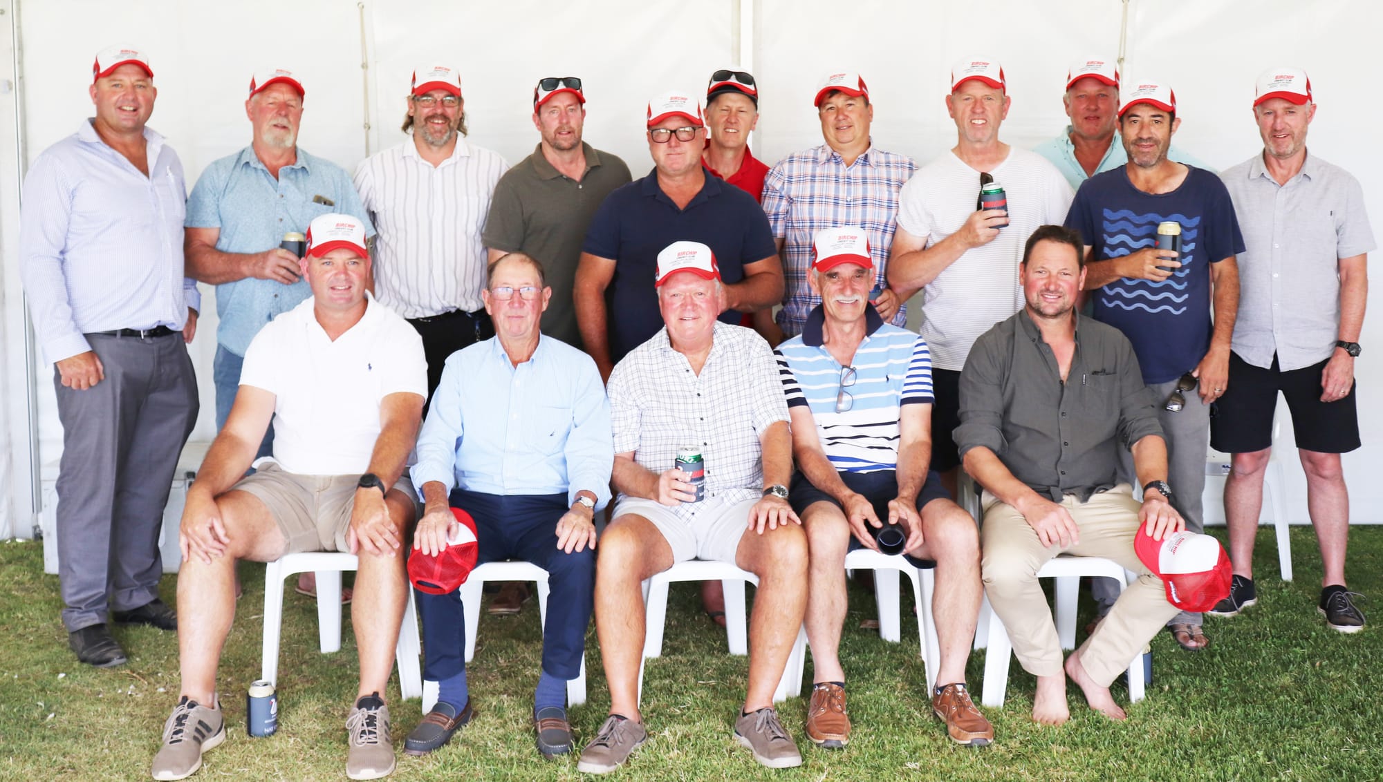 Birchip premiership players enjoying time together during the reunion: Brett Schofield, Hayden Hogan, Craig Blencowe, Shane Blencowe, Bruce Morcom, John Wilson, Ben Musgrove, Andrew Ryan. Front: Anthony Schofield, Brad Cooper, Max Cartwright, Scott Randall, Andrew Sinclair.