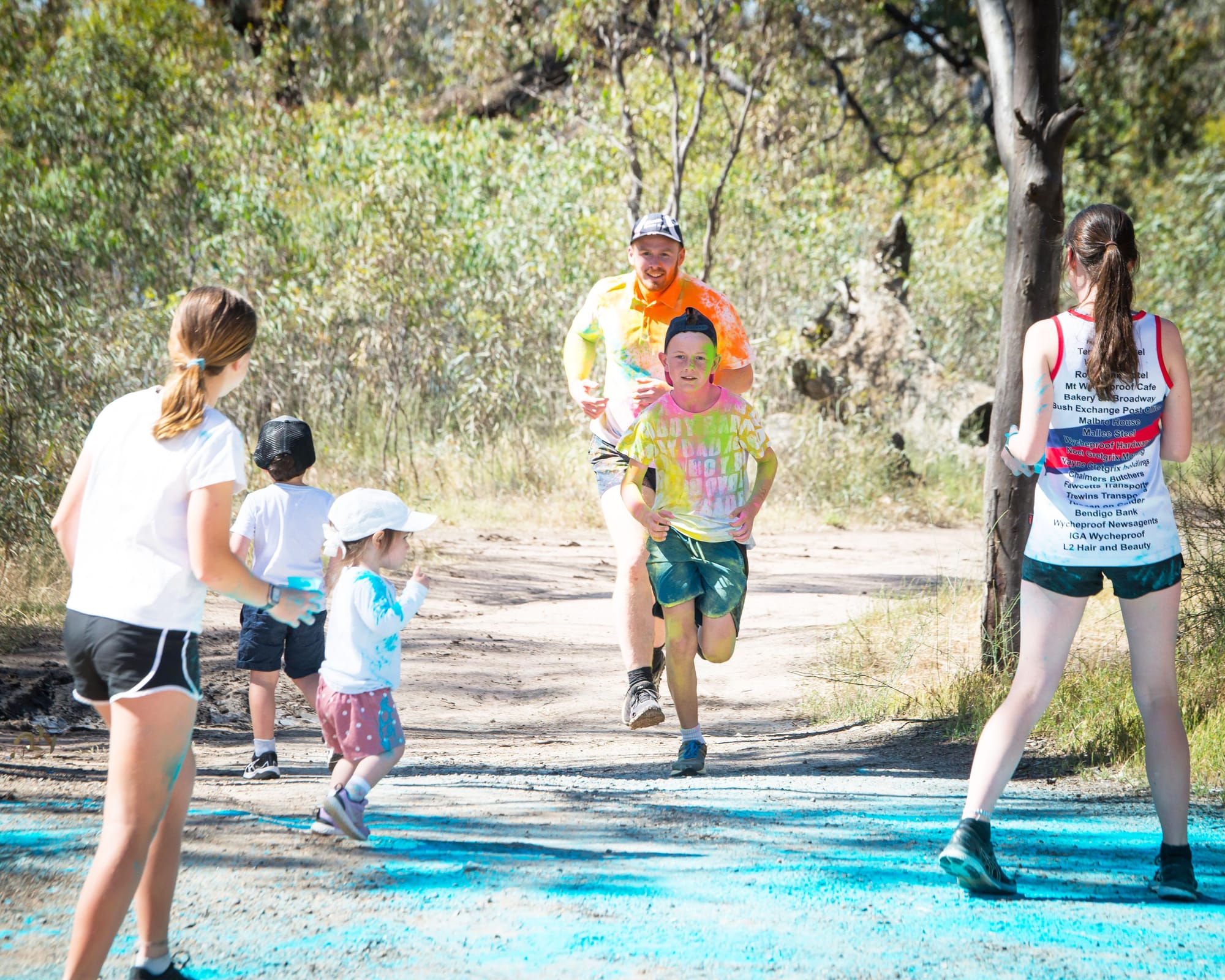 Murphy Fitzpatrick and Henry Bourke approaching the colouring point during the colour run at Wooroonook Lake.