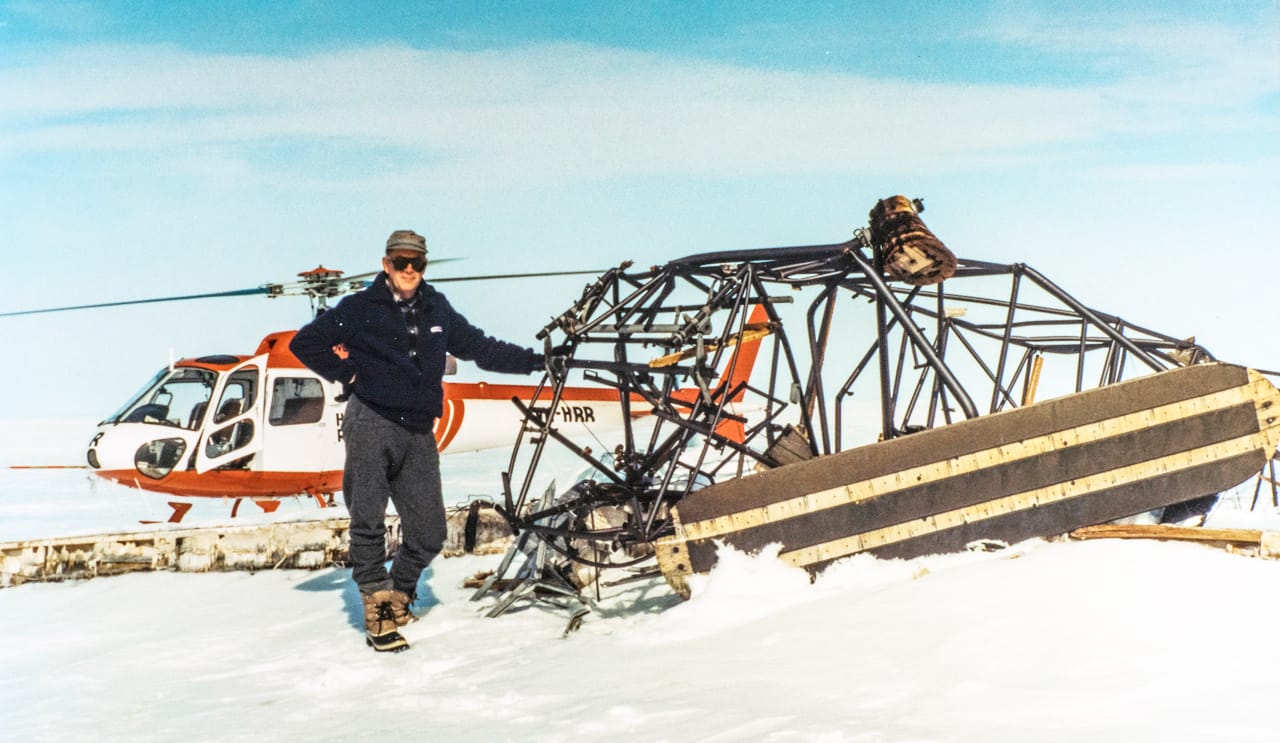Leigh Hornsby with his discovery, the relic aircraft from an expedition prior to World War II; Admiral Byrd’s Fokker monoplane that wrecked in the 1930s. – (Photos courtesy of Leigh Hornsby).