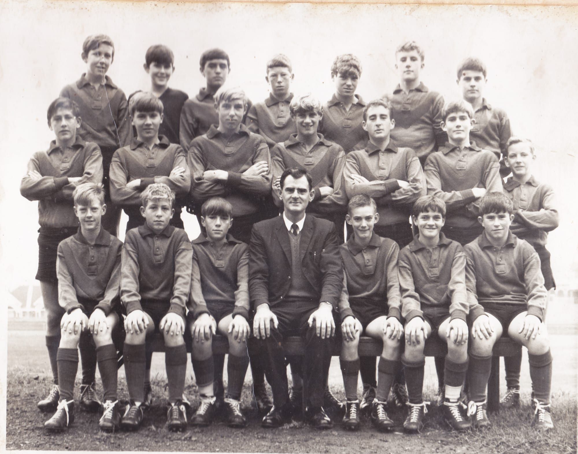 North-Central Football League’s Under-15 team, Schools’ Carnival, Melbourne, 1968: Back row, left to right, Geoff Brown (Donald), John Weekley (St. Arnaud), Barry Rafferty (St. Arnaud), Geoff Thompson (Charlton), Ronald Dunstan (Donald), Rodney Griffith (St. Arnaud), Kevin Darcy (Donald). Middle row: Bernie Kennedy (Wycheproof-Narraport), Ray Lister (St. Arnaud), Lindsay Heffer (captain, Wycheproof-Narraport), Doug Male (vice-captain, Donald), Michael Long (St. Arnaud), Merv Keane (Wycheproof-Narraport), Robert White (Wycheproof-Narraport). Front row: Chris Pole (St. Arnaud), Laurence Young (Donald), Mervyn Dyke (St. Arnaud), Frank O’Shea (coach), Ian Robinson (St. Arnaud), Colin Cullen (Watchem-Corack), Mick Spicer (Watchem-Corack).