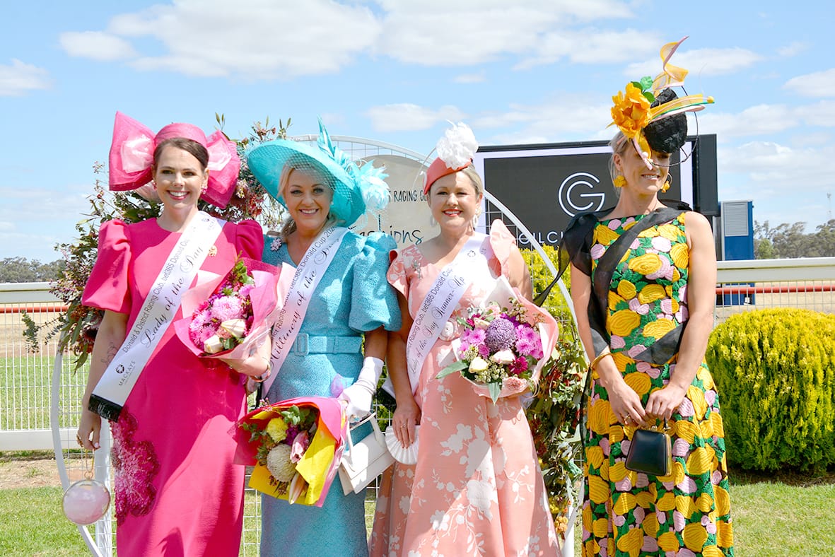 Lady of the Day Alicia Williams (Barham NSW), Millinery of the Day Eliza Fraser (Minimay), runner-up Lady of the Day Belinda Nurse, runner-up Millinery Rhiannon Chalmers (Barham NSW).