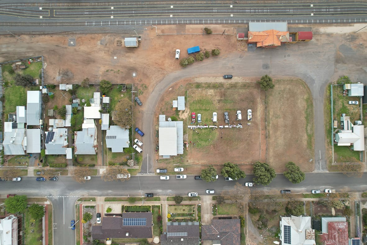 An aerial view of the VRI Hall on the day of the whole town garage sale, at times throughout the day, Walker Street (along the bottom of this image) was so busy with traffic, it was difficult to find a car park.