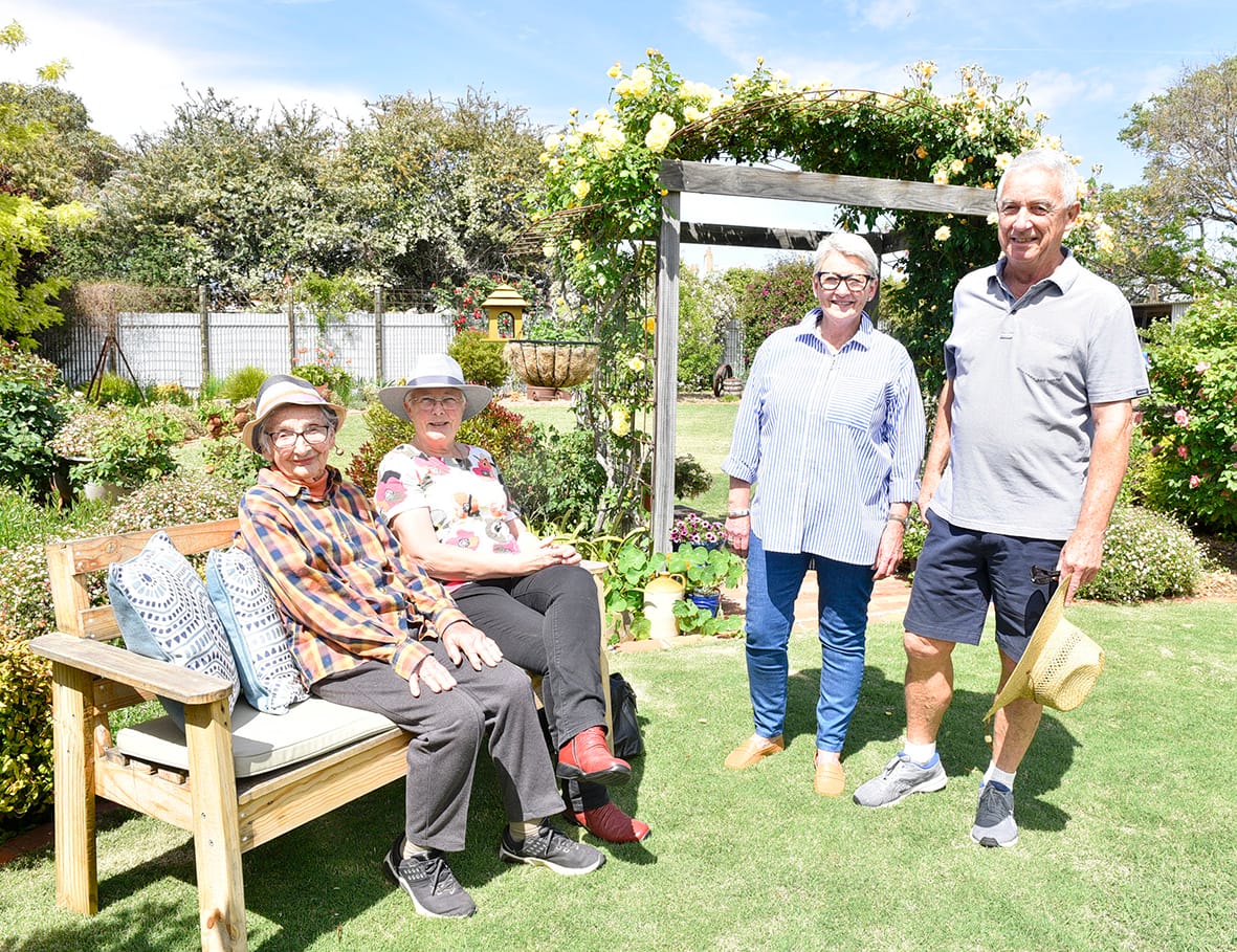 Former participants in the Open Garden Day, Lynne and Robin McRae (pictured right) were happy to explain the changes to their extensive layout to Donald visitors (seated left to right) Jan South and her daughter-in-law, Vicki South.