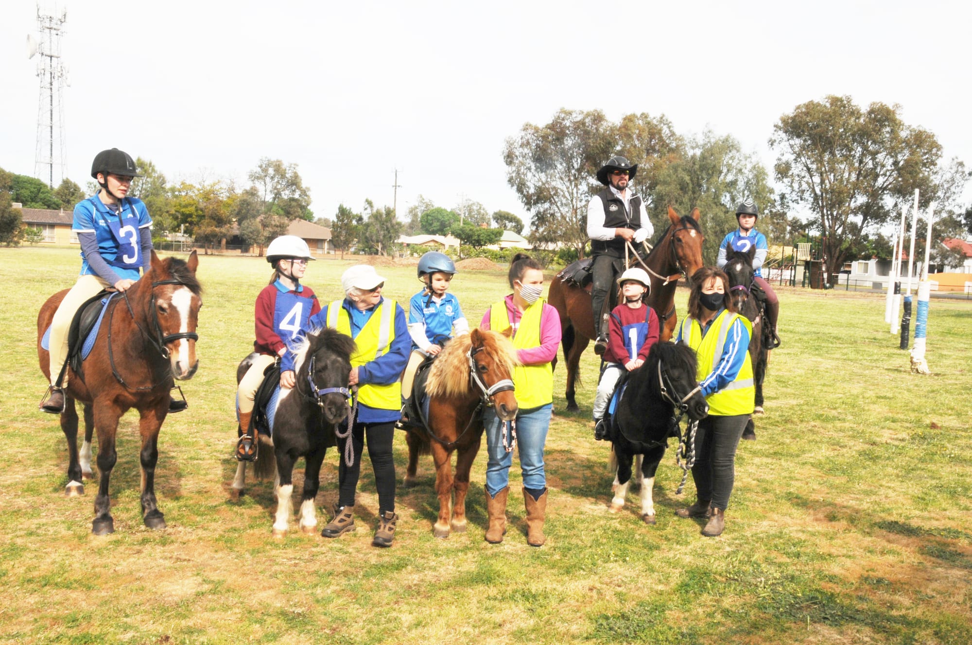 Donald Pony Club members who accompanied the 2020 Lexus Melbourne Cup to the Donald Primary School included, left to right, Johanna Griffiths (riding Squizzy), Erin Clark with Jill McEwen (Daisy), Stella Wheeler with Kellie James (Lily), Kendra Clark with Melissa Sellick (Rosy), Paul Zielinski (Jimmy) and Olivia Zielinski (Kyle).