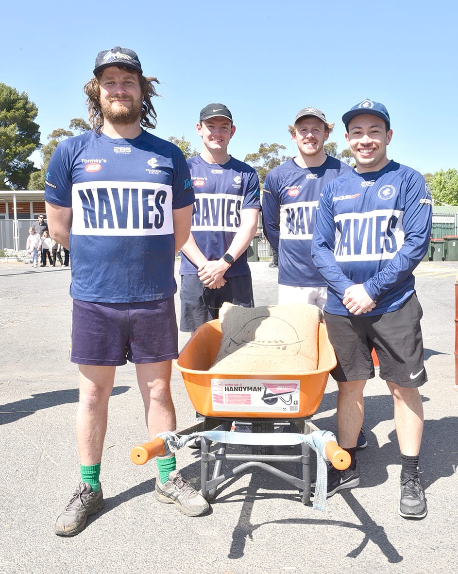 Charlton was represented by the four-man Navies’ team in the Men’s Wheelbarrow race. Pictured left to right, Joe Durie, Patrick Soulsby, Henry Bourke and Tyler Catherine who placed second in the race. ­(Photo by Jenny Pollard.)