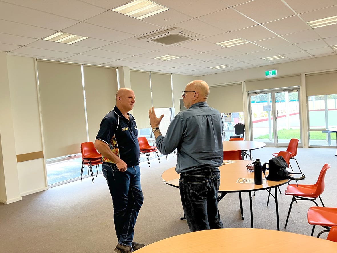 Warren Davies (left) thoughtfully responds to questions from Duncan Large, of Berriwillock.