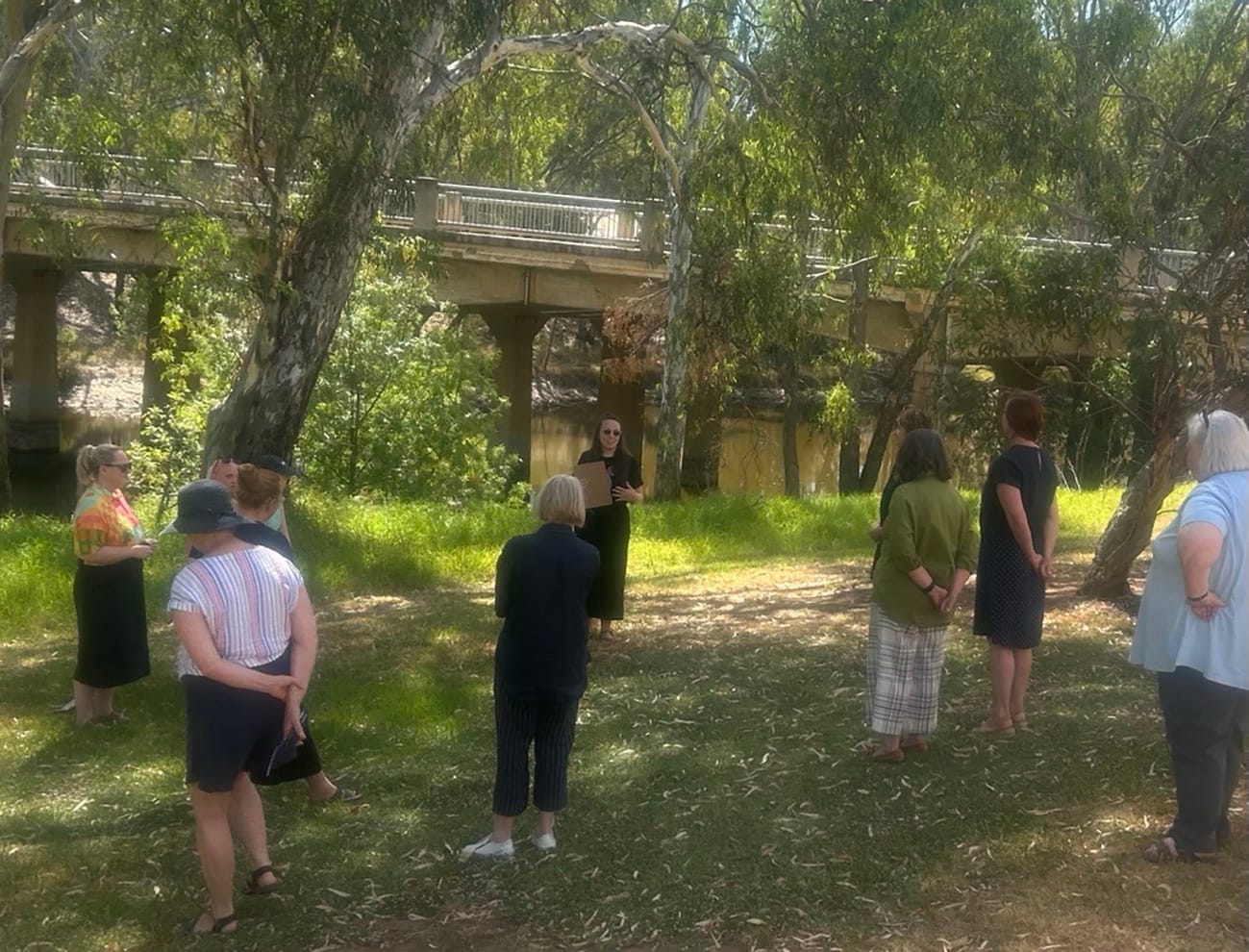 Charlton: Charlton Lino tile workshop participants heard stories about the kookaburra and the fire shared by Wotjabaluk artist, Kristie Witt, and walked the Avoca River banks to find inspiration from the environment to incorporate in their designs.