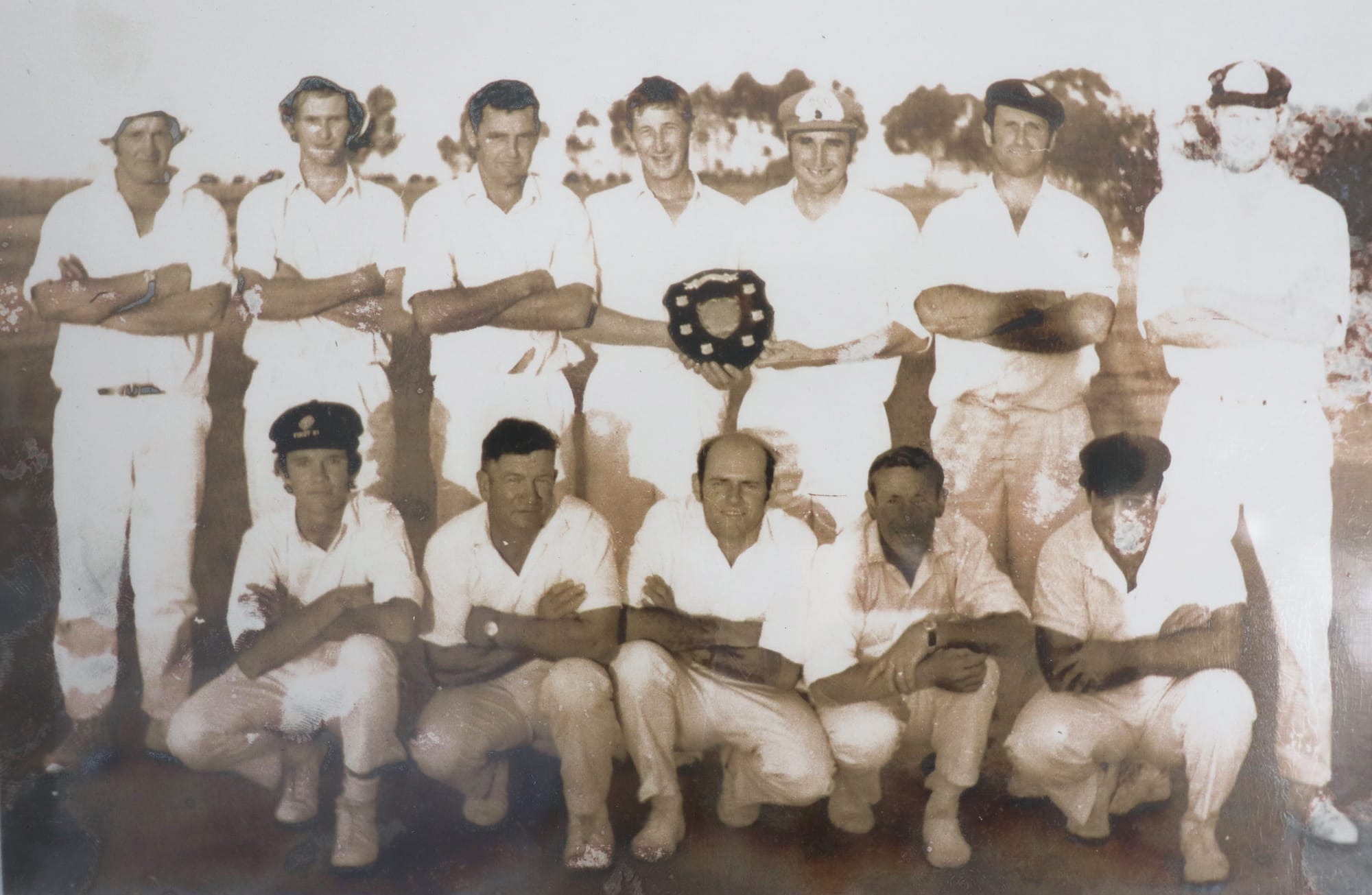 Birchip’s 1970-1971 premiership team: Back row, left to right,  Lin Cahoon, G. Russell, G. Goodwin, Daryl Cooper (vice-captain), Max Cartwright (captain), Frank Tuck, J. Cousland. Front: Dennis O’Connor, M. Brown, M. Oehms, Ian Sinclair, John Connelly.