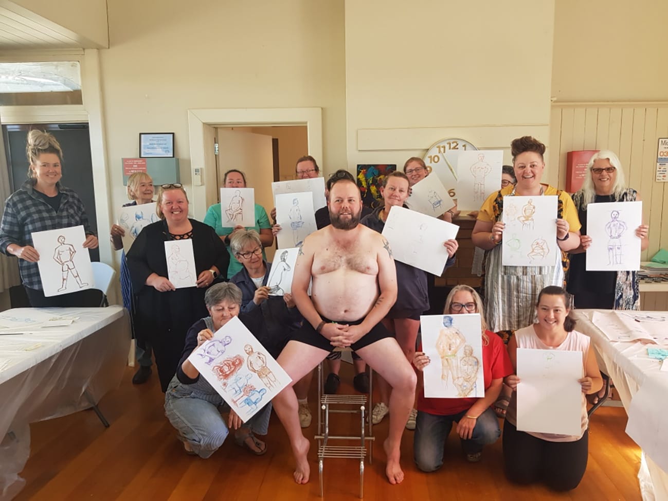 Donald: Kerry’s workshop also included a life drawing session. Pictured left to right, back – Jodie Hollis, Jeannie Robinson, Jodie Parkinson, Eileen Simpson, Leonie Harvey, Wendy Harvey, Tye Sibley (model), Jodie Aspland, Tahlia Gray, Tracey McKenzie (obscured), Leonie McConville, Kirby Richmond-Davis, Anne Rodgers-Trickey, Front left to right: Liz Richardson , Bronwyn Fisher and Marion Trickey.