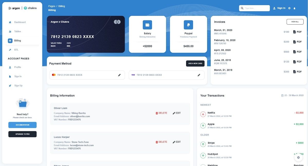 Argon Dashboard Chakra - Billing Page.