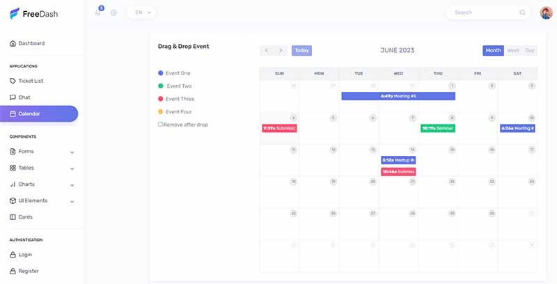 FreeDash BS5 - Calendar Page, crafted by AdminMart