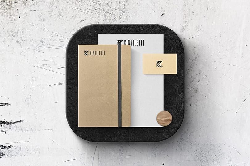 Kinviletti Brand Stationery Papers Mockup on Wall Podium