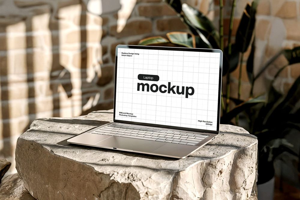 Macbook Mockup on Rocks Boho Interior