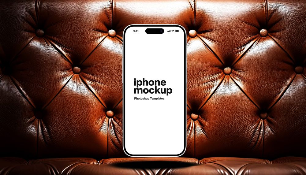 iPhone mockup on leather sofa