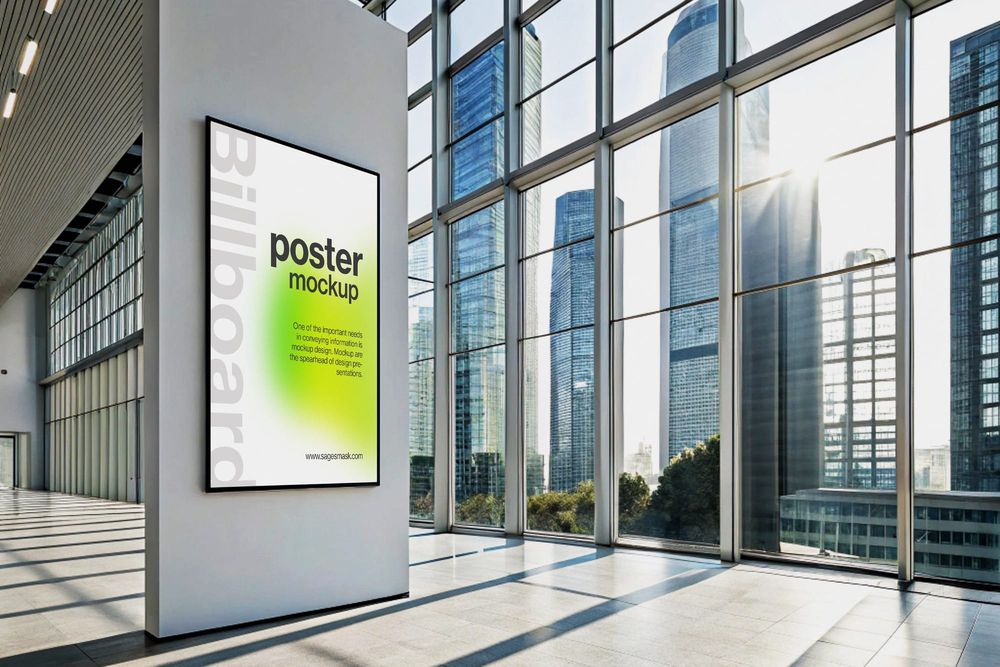 Bright Indoor Poster Mockup in High Rise Lobby