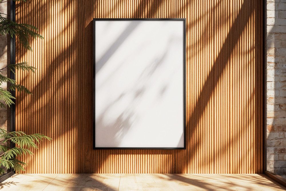 Frame Poster Mockup with Morning Light on Wood Paneling