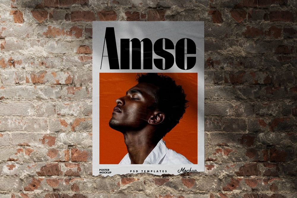 Glued Ripped Poster Mockup on Wall Brick