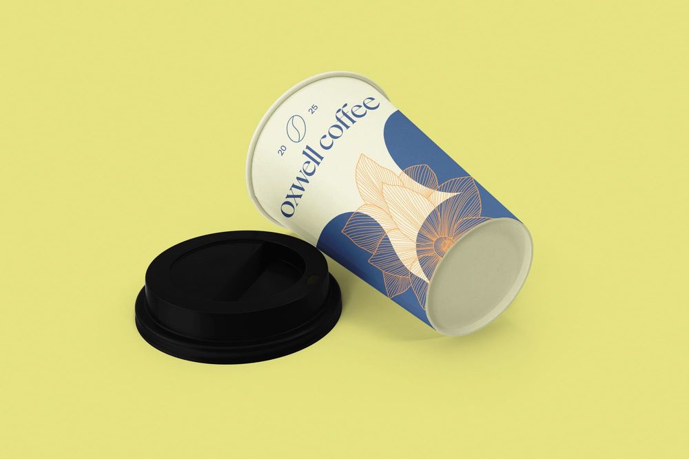 Paper Coffee Cup Mockup with Black Lid Front View