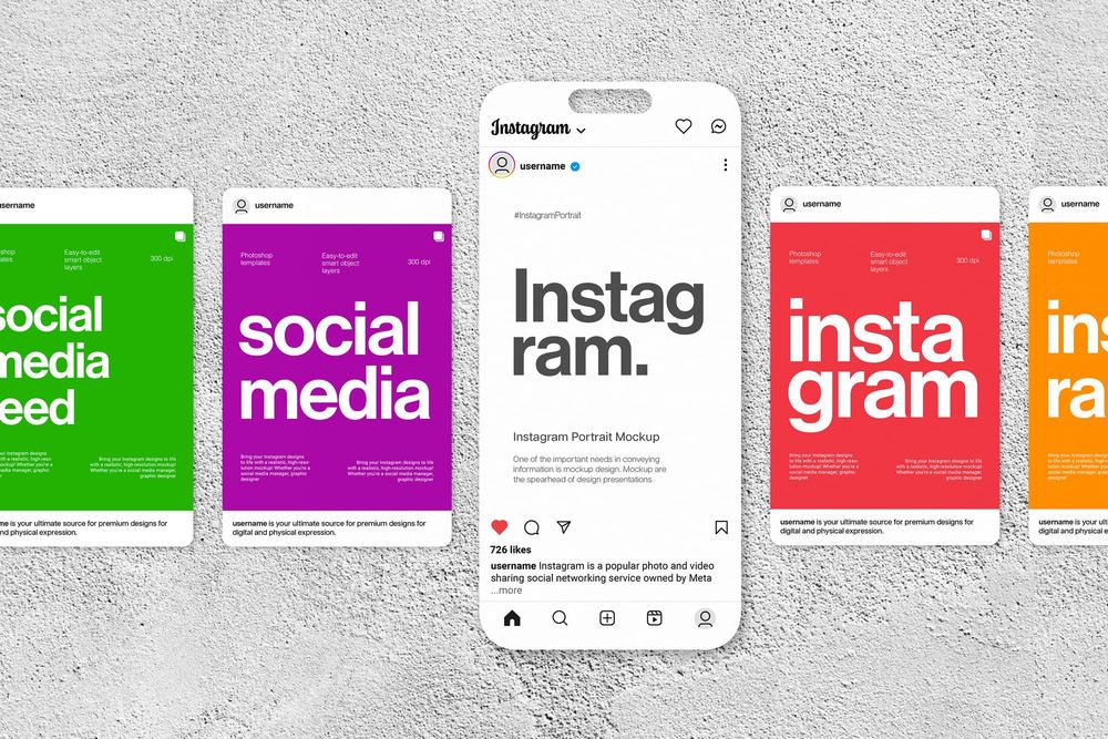 Instagram Post Portrait Mockup with UI Smartphone Wall Background