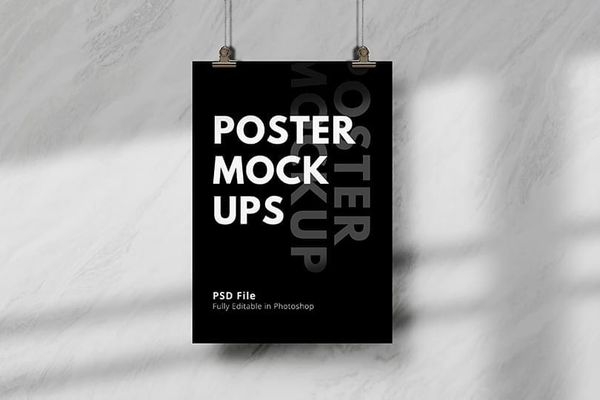 Black Poster Mockup Hanging On A Rope With Shades of Shadow