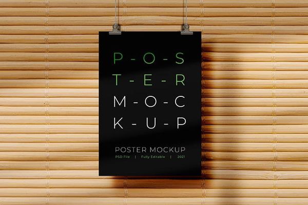 Black Poster Mockup Hanging On A Rope with Bamboo Wall