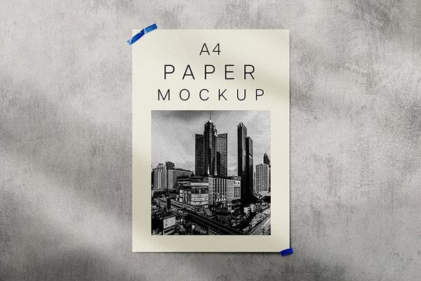 Realistic A4 Paper Mockup on Grunge Plaster Wall