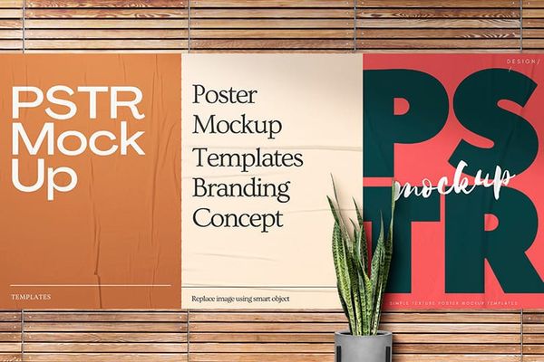 Three Glued Poster Mockup with Plant Object