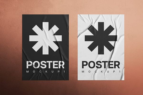 Two Glued Poster In Wall Background Mockup