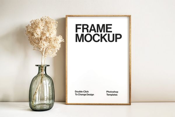 Frame Mockup with Vase on Wall Background