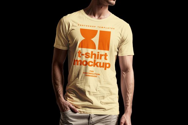 Men T-Shirt Mockup on Black Background