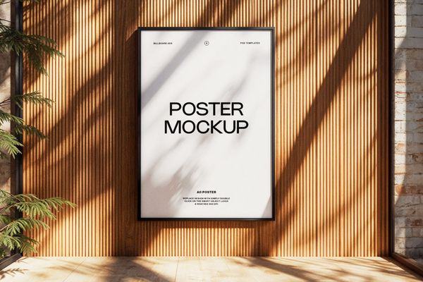 Framed Poster Mockup with Sunlight on Wood Paneling