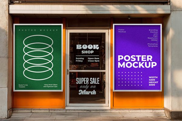 Two Outdoor Poster Mockups at a Book Shop Entrance