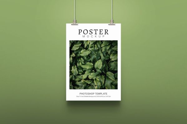 Hanging Poster Mockup With Wall Green