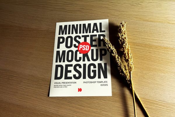 Minimal Poster Mockup on Wood Background