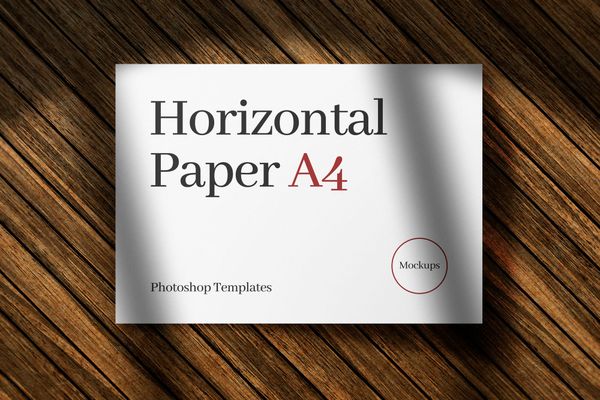 Horizontal Paper Mockup on Diagonal Wood Surface