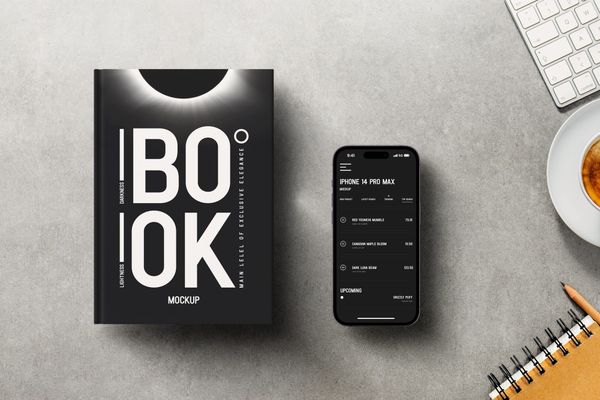 Realistic iPhone 14 Pro Max & Book Mockup on Desk