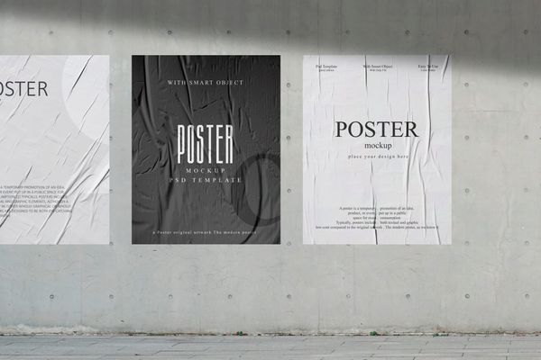 Three Sticked Wrinkled Black and White Poster Mockup
