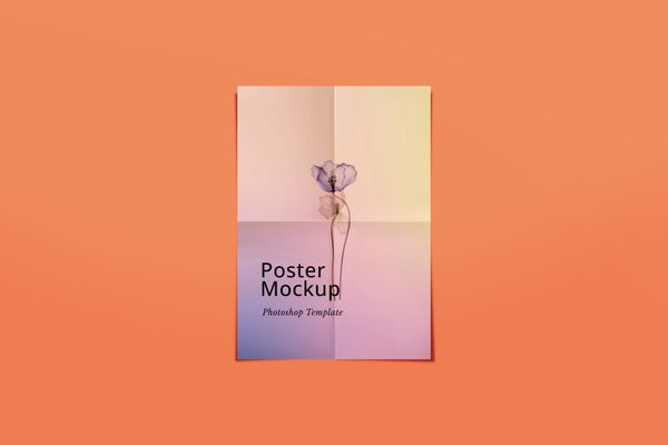 Folded Poster Mockup With Orange Background