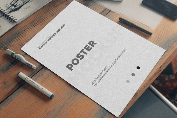 Minimalist Poster Mockup on Wooden Desk
