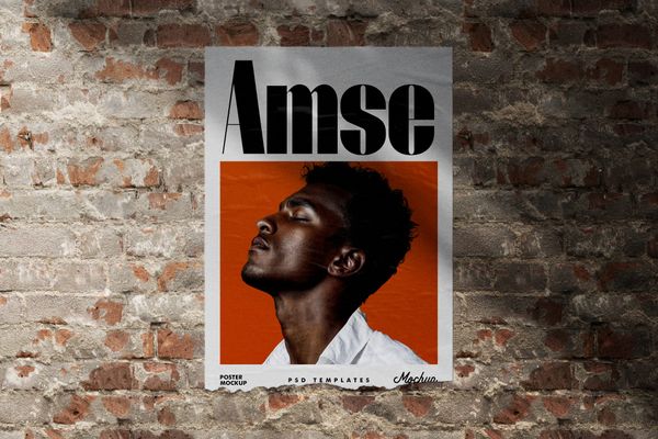 Glued Ripped Poster Mockup on Wall Brick