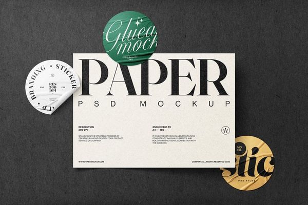 Paper and Sticker Mockup on Black Background