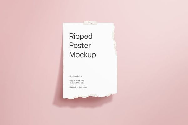 Ripped Poster Mockup on Light Pink Background
